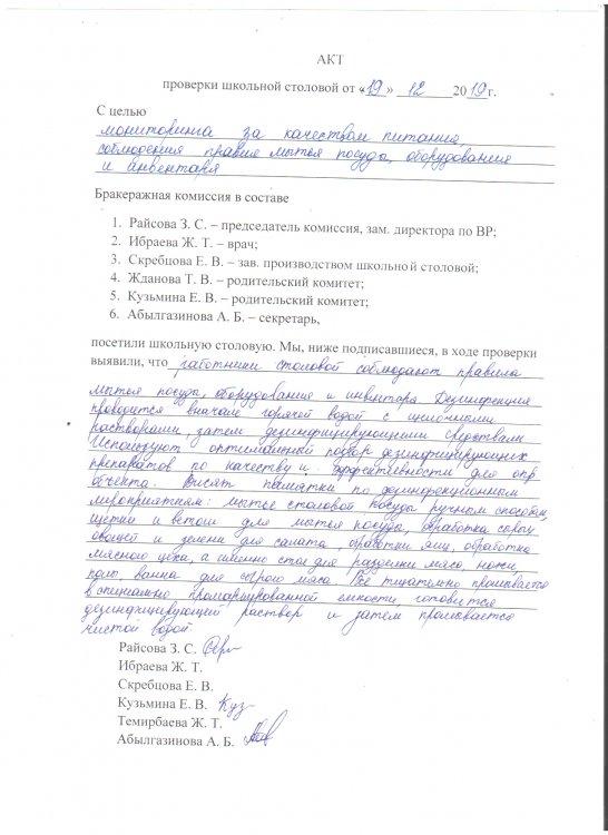 Акт проверки школьной столовой  от 19.12.2019